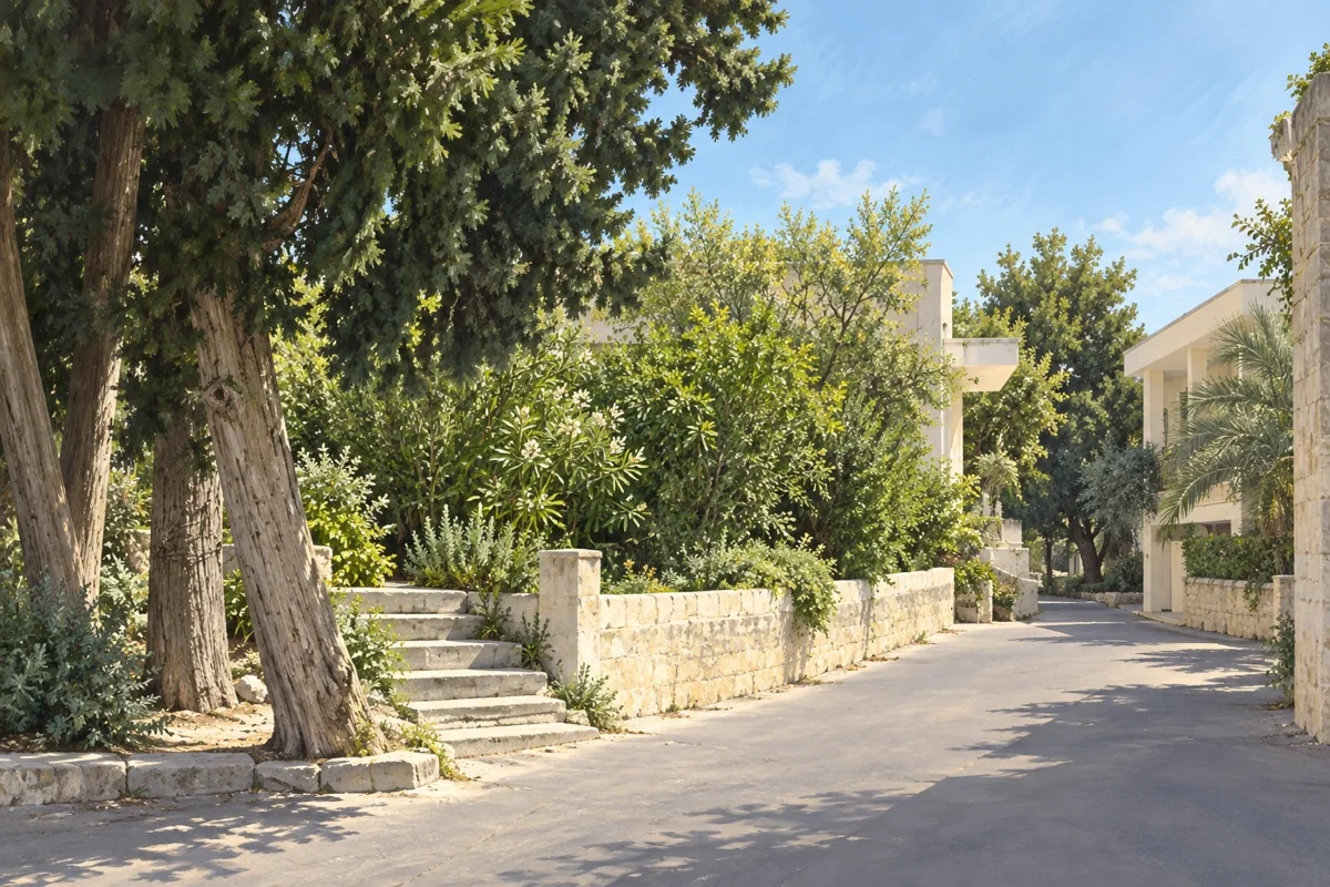 Illustration of the garden, stone steps and partially hidden house near St Elias Church